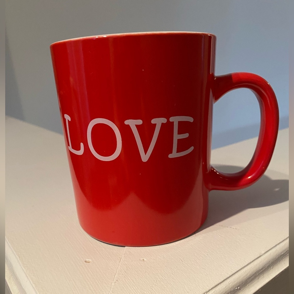 Red Love Mug double sided “is all around you “ written on inside .